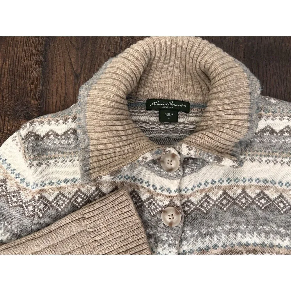 Eddie Bauer Seattle‎ Sweater Womens Med Beige Fair Isle Cardigan Buttons Pocket - Picture 2 of 9